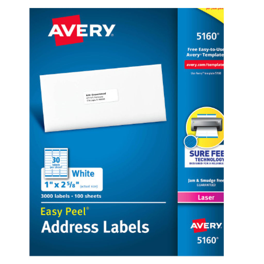 Avery 5160 Easy Peel Address Labels with Sure Feed, 1" x 2-5/8", White, 3,000 Blank Mailing Labels