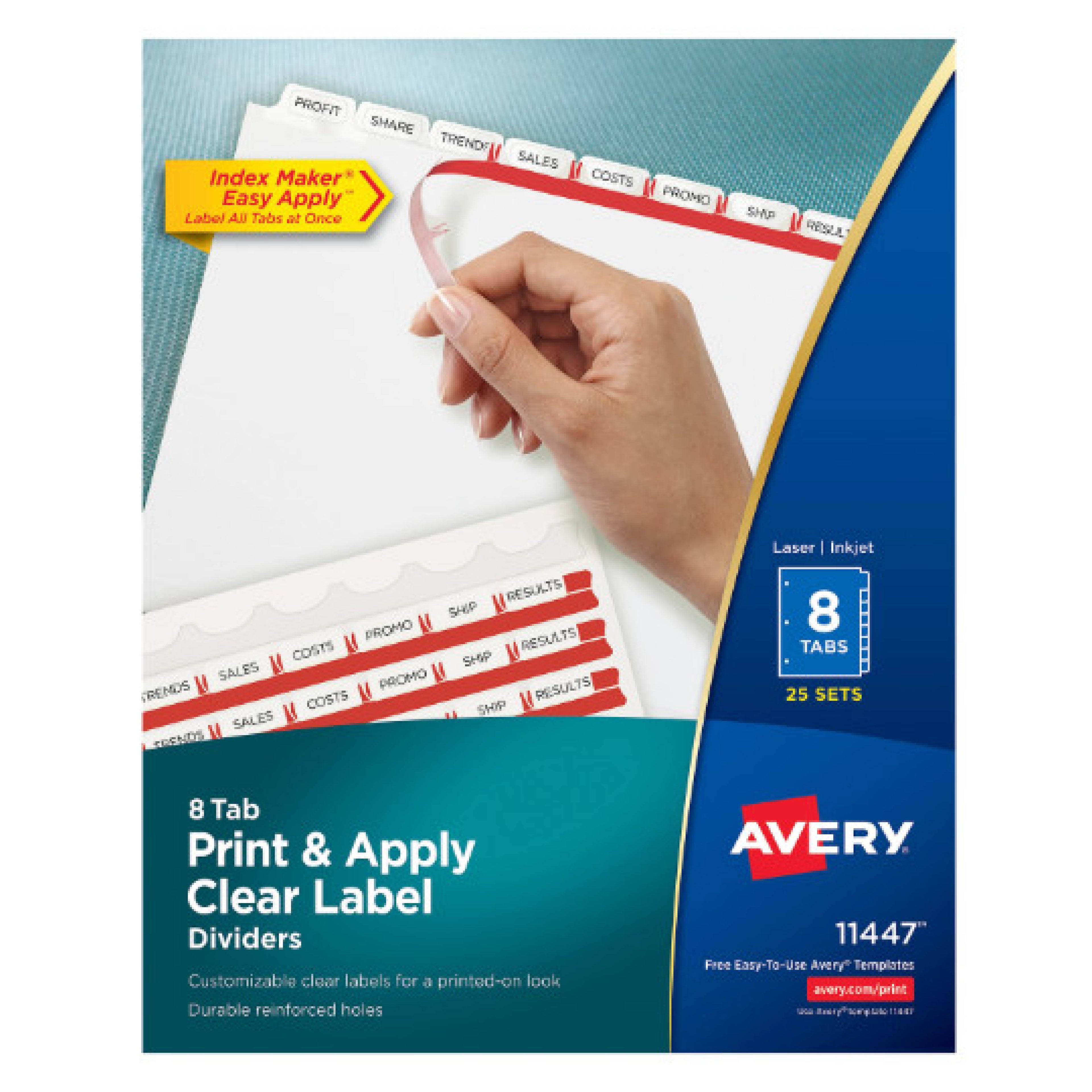 Avery 11557 Print and Apply Clear Label Dividers, Index Maker® Easy Apply™ Printable Label Strip, 8 White Tabs, 50 Sets