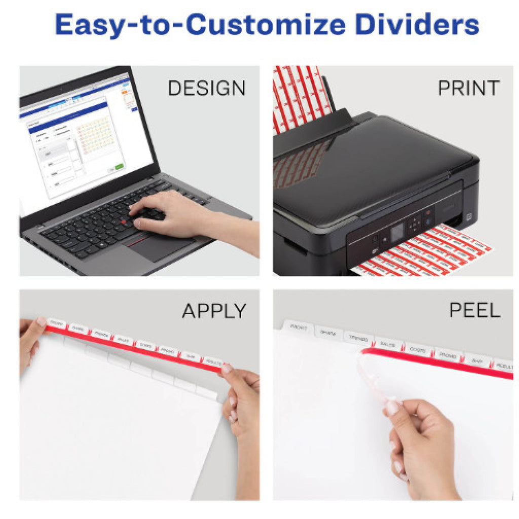 Avery 11557 Print and Apply Clear Label Dividers, Index Maker® Easy Apply™ Printable Label Strip, 8 White Tabs, 50 Sets