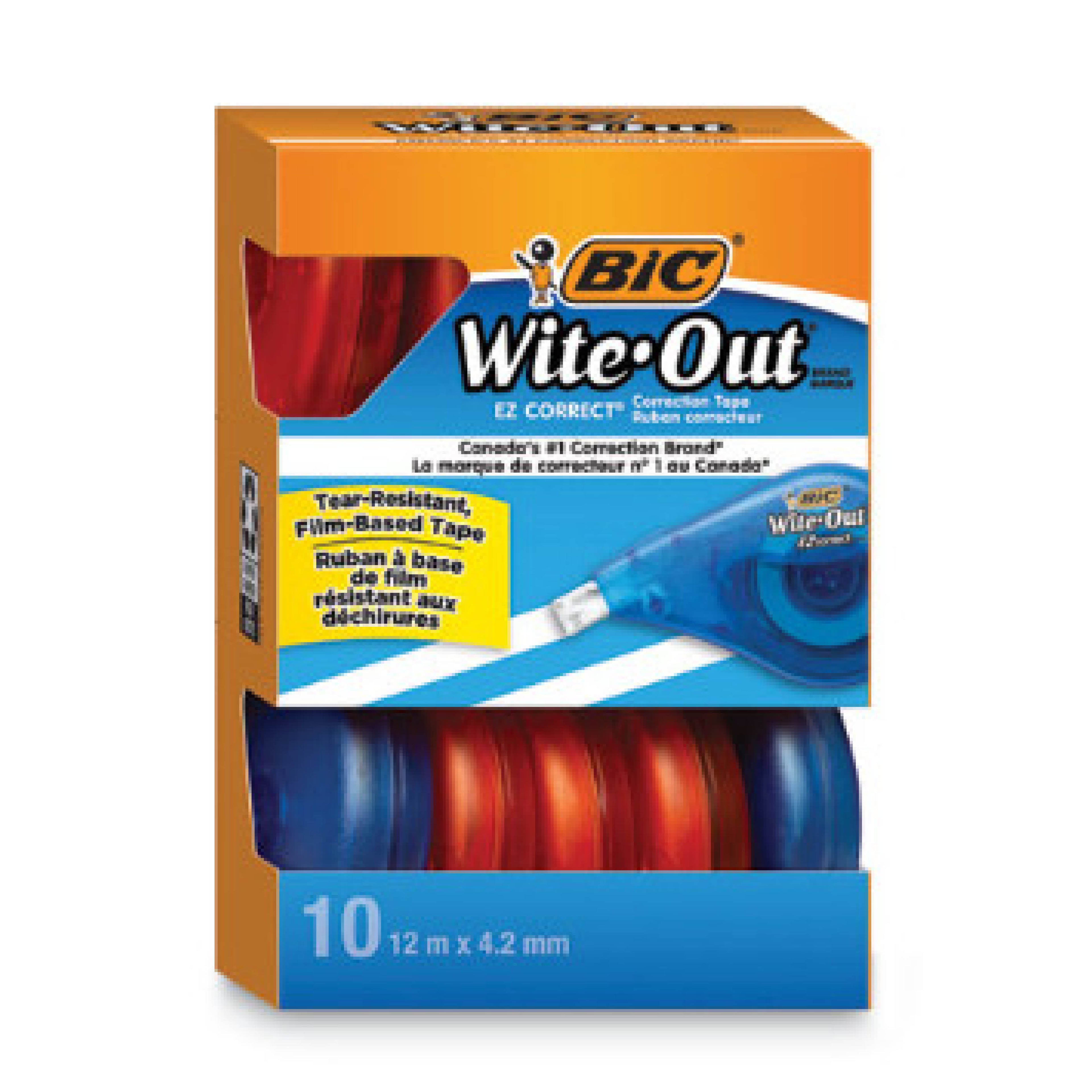 BIC WOTAP10 Wite-Out Brand EZ Correct Correction Tape Value Pack, Non-Refillable, 0.17" x 39.33 ft, Randomly Assorted Colors, 10/Box