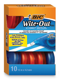 BIC WOTAP10 Wite-Out Brand EZ Correct Correction Tape Value Pack, Non-Refillable, 0.17" x 39.33 ft, Randomly Assorted Colors, 10/Box