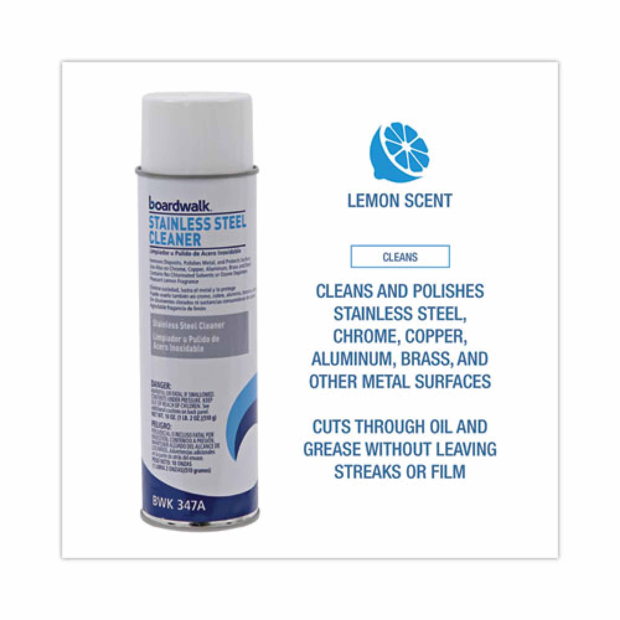 Boardwalk Stainless Steel Cleaner and Polish, Water-in-Oil Based, 18 oz Aerosol Spray, 12/Carton
