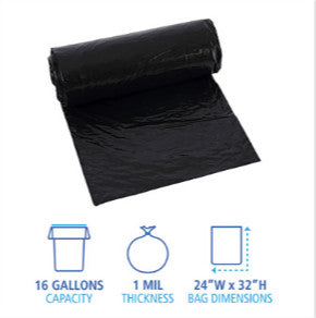 Boardwalk BWK510 Low-Density Waste Can Liners, 16 gal, 1 mil, 24" x 32", Black, Perforated Roll, 10 Bags/Roll, 15 Rolls/Carton