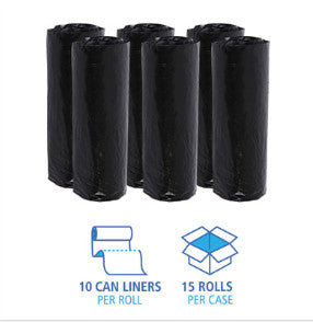 Boardwalk BWK510 Low-Density Waste Can Liners, 16 gal, 1 mil, 24" x 32", Black, Perforated Roll, 10 Bags/Roll, 15 Rolls/Carton