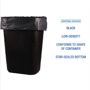 Boardwalk BWK510 Low-Density Waste Can Liners, 16 gal, 1 mil, 24" x 32", Black, Perforated Roll, 10 Bags/Roll, 15 Rolls/Carton