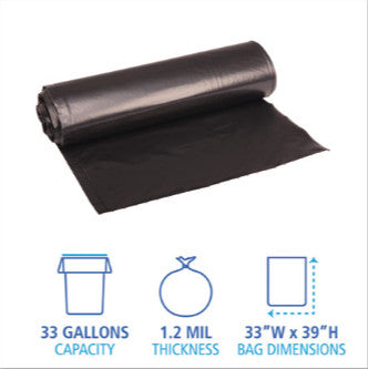 Boardwalk BWK516 Recycled Low-Density Polyethylene Can Liners, 33 gal, 1.2 mil, 33" x 39", Black, Perforated, 10 Bags/Roll, 10 Rolls/Carton