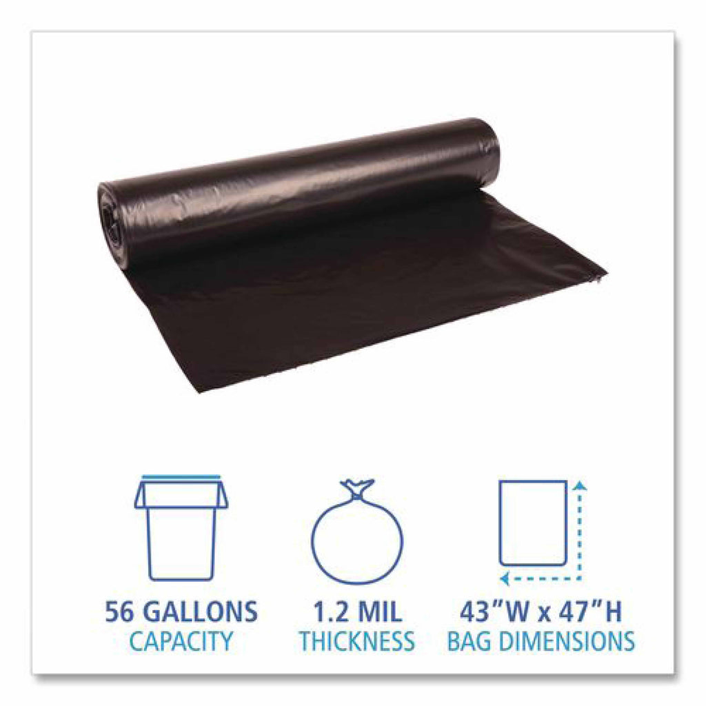 Boardwalk Recycled Low-Density Polyethylene Can Liners, 56 gal, 1.2 mil, 43" x 47", Black, Perforated, 10 Bags/Roll, 10 Rolls/Carton