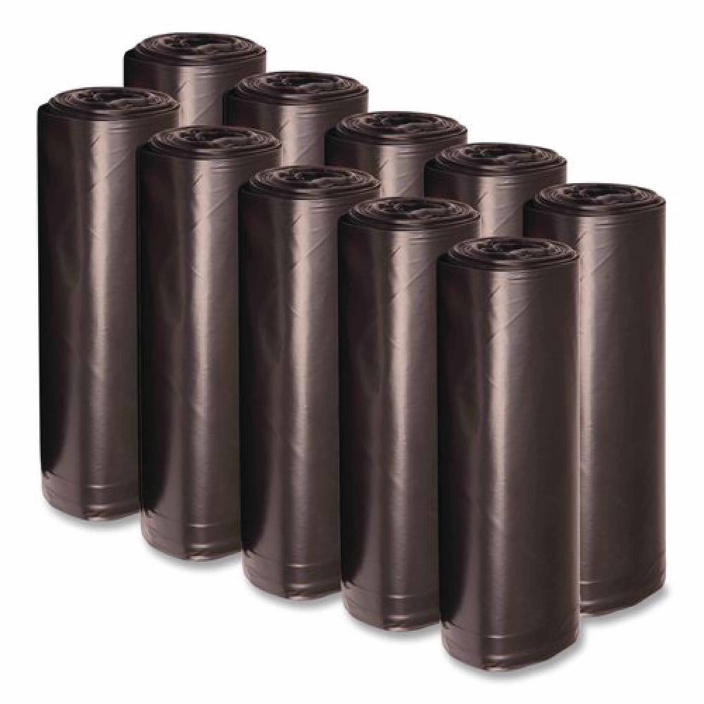 Boardwalk Recycled Low-Density Polyethylene Can Liners, 56 gal, 1.2 mil, 43" x 47", Black, Perforated, 10 Bags/Roll, 10 Rolls/Carton