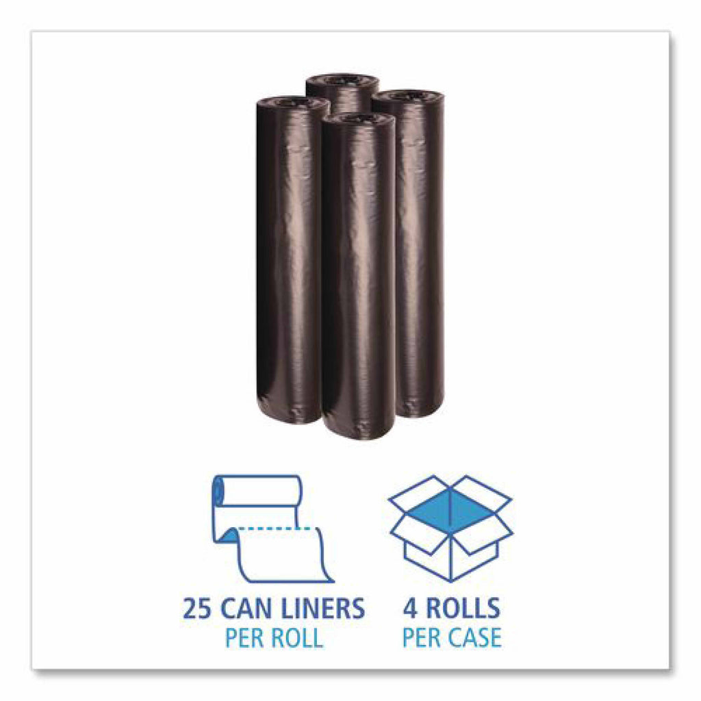 Boardwalk Recycled Low-Density Polyethylene Can Liners, 56 gal, 1.2 mil, 43" x 47", Black, Perforated, 10 Bags/Roll, 10 Rolls/Carton