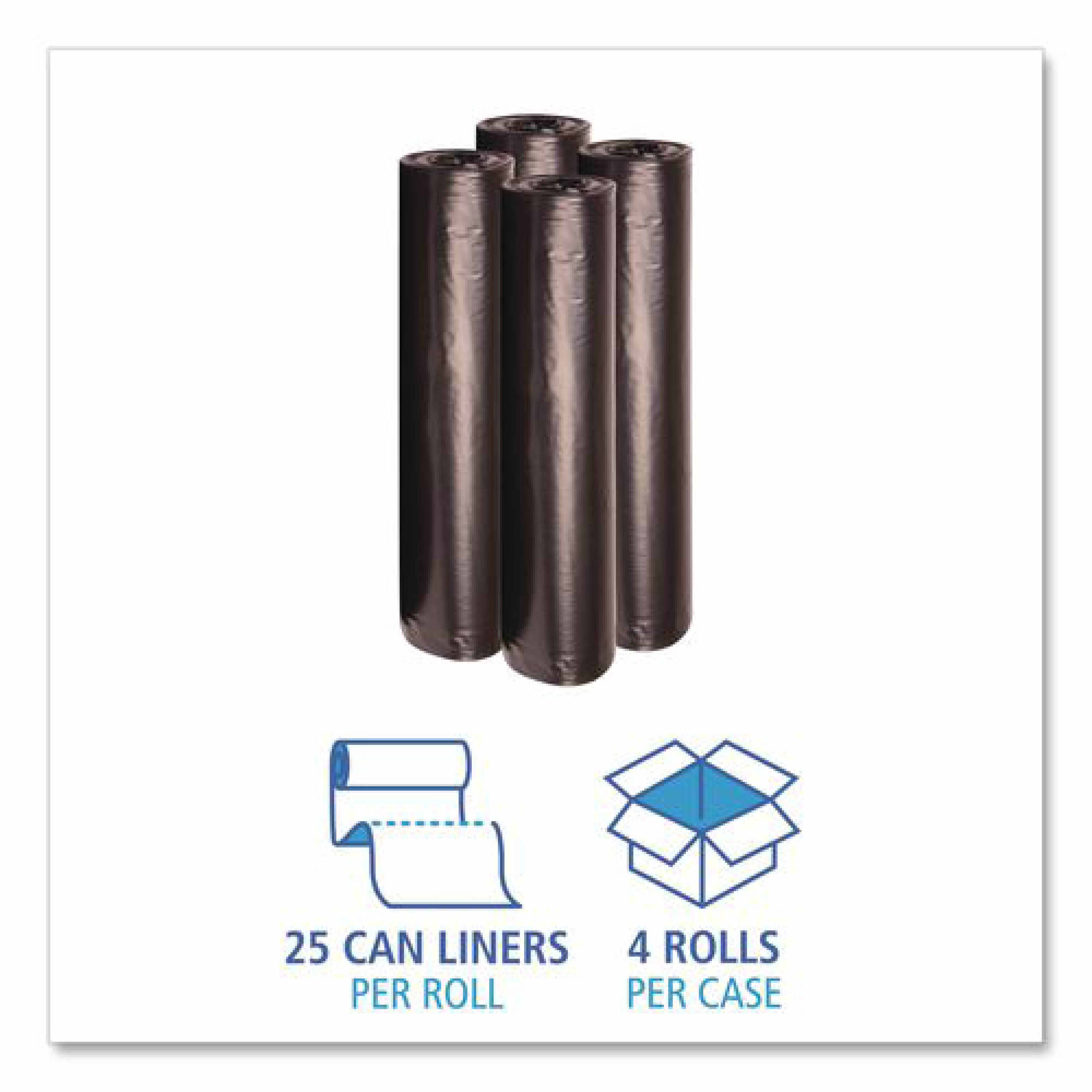 Boardwalk Recycled Low-Density Polyethylene Can Liners, 56 gal, 1.2 mil, 43" x 47", Black, Perforated, 10 Bags/Roll, 10 Rolls/Carton