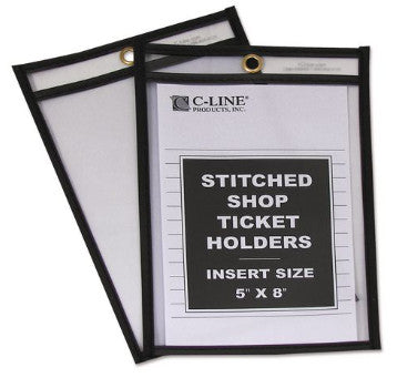 C-Line CLI46058 Stitched Shop Ticket Holders, Super Heavy-Duty, Top Load, 5" x 8" Insert, Clear Front, Black Border, 25/Box