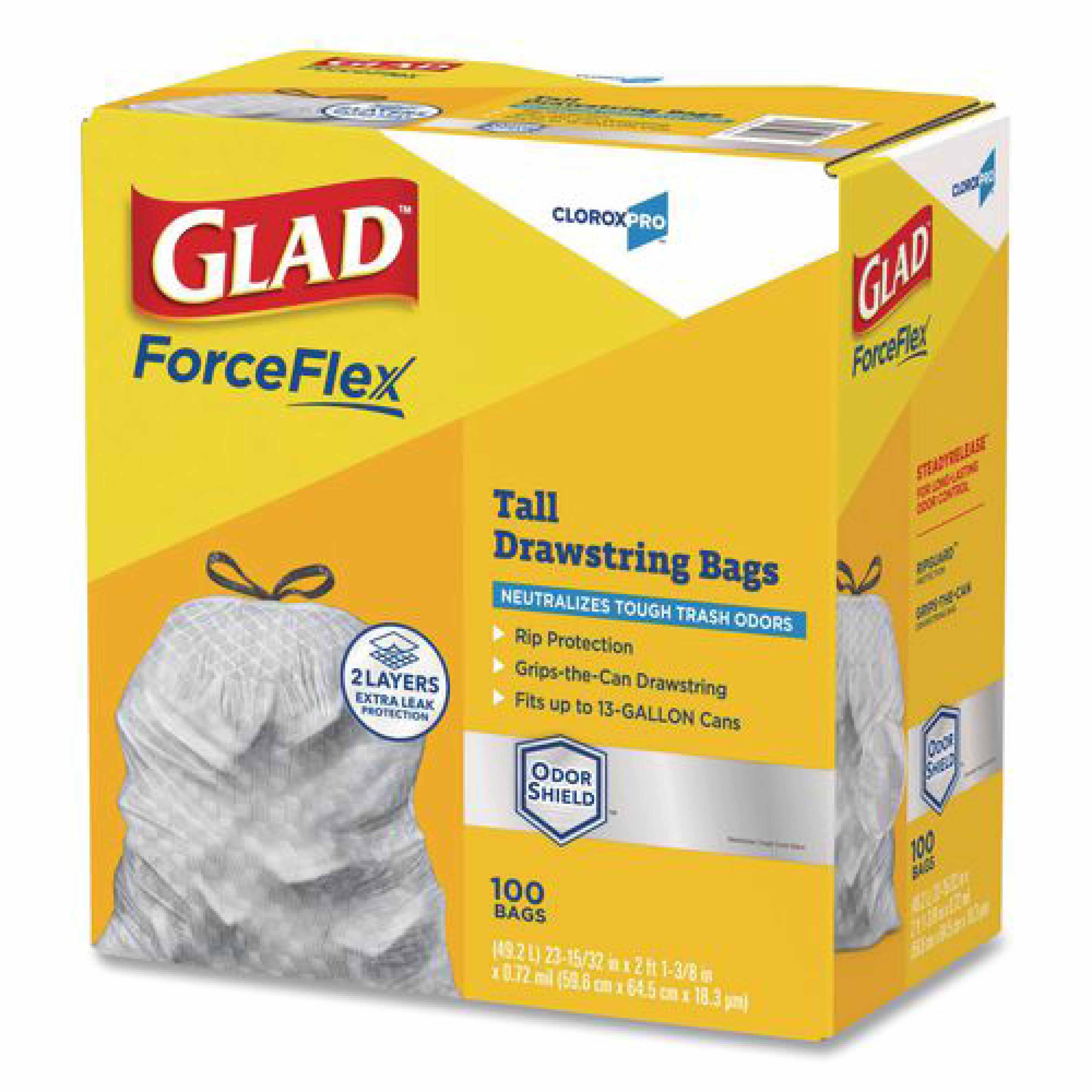 Glad CloroxPro ForceFlex Tall Kitchen Drawstring Trash Bags, 13 gal, 23.75 x 24.88, Gray, 100/Box