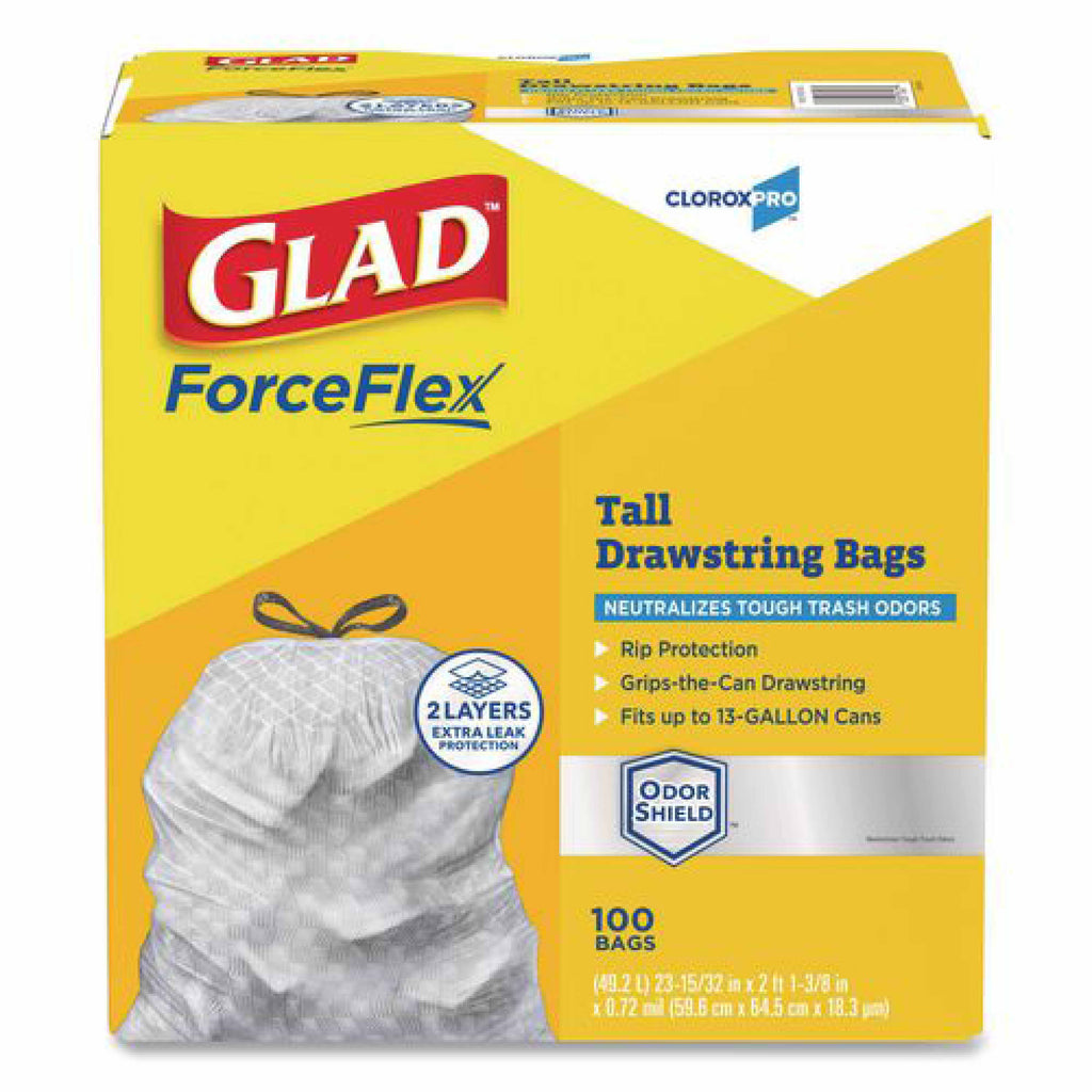 Glad CloroxPro ForceFlex Tall Kitchen Drawstring Trash Bags, 13 gal, 23.75 x 24.88, Gray, 100/Box