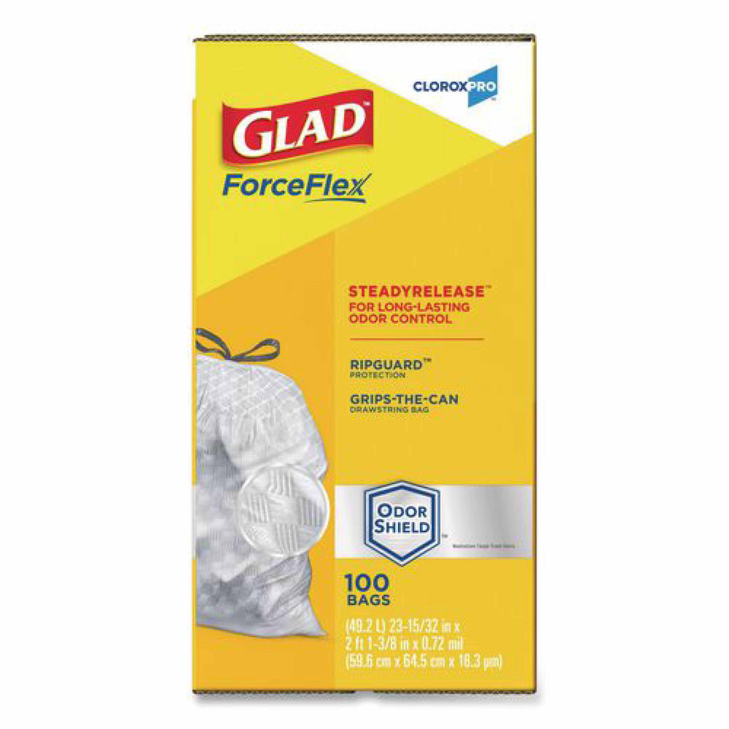 Glad CloroxPro ForceFlex Tall Kitchen Drawstring Trash Bags, 13 gal, 23.75 x 24.88, Gray, 100/Box
