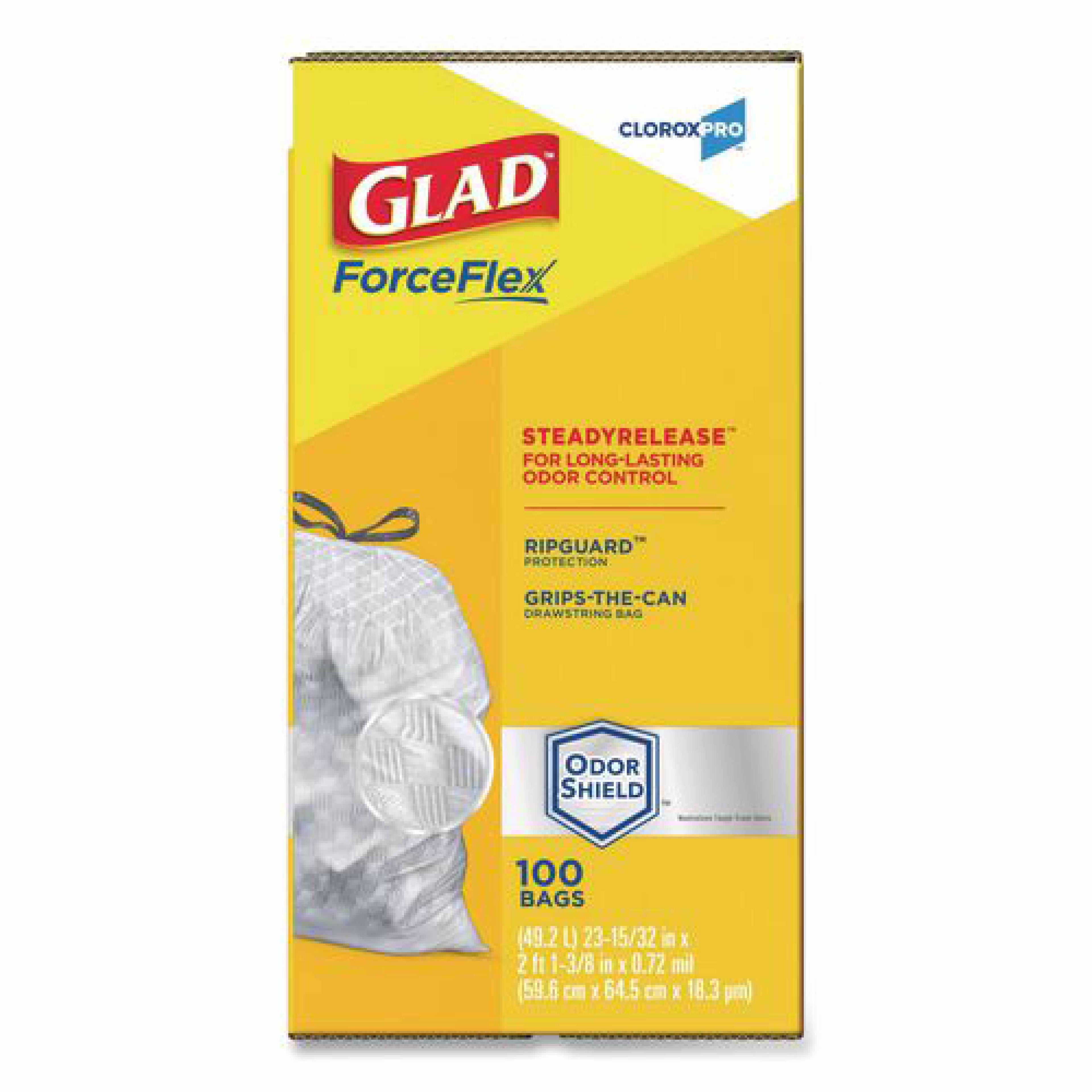 Glad CloroxPro ForceFlex Tall Kitchen Drawstring Trash Bags, 13 gal, 23.75 x 24.88, Gray, 100/Box