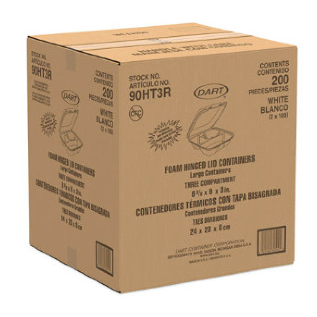 Dart DCC90HT3R Foam Hinged Lid Container, 3-Compartment, 9 x 9.4 x 3, White, 200/Carton