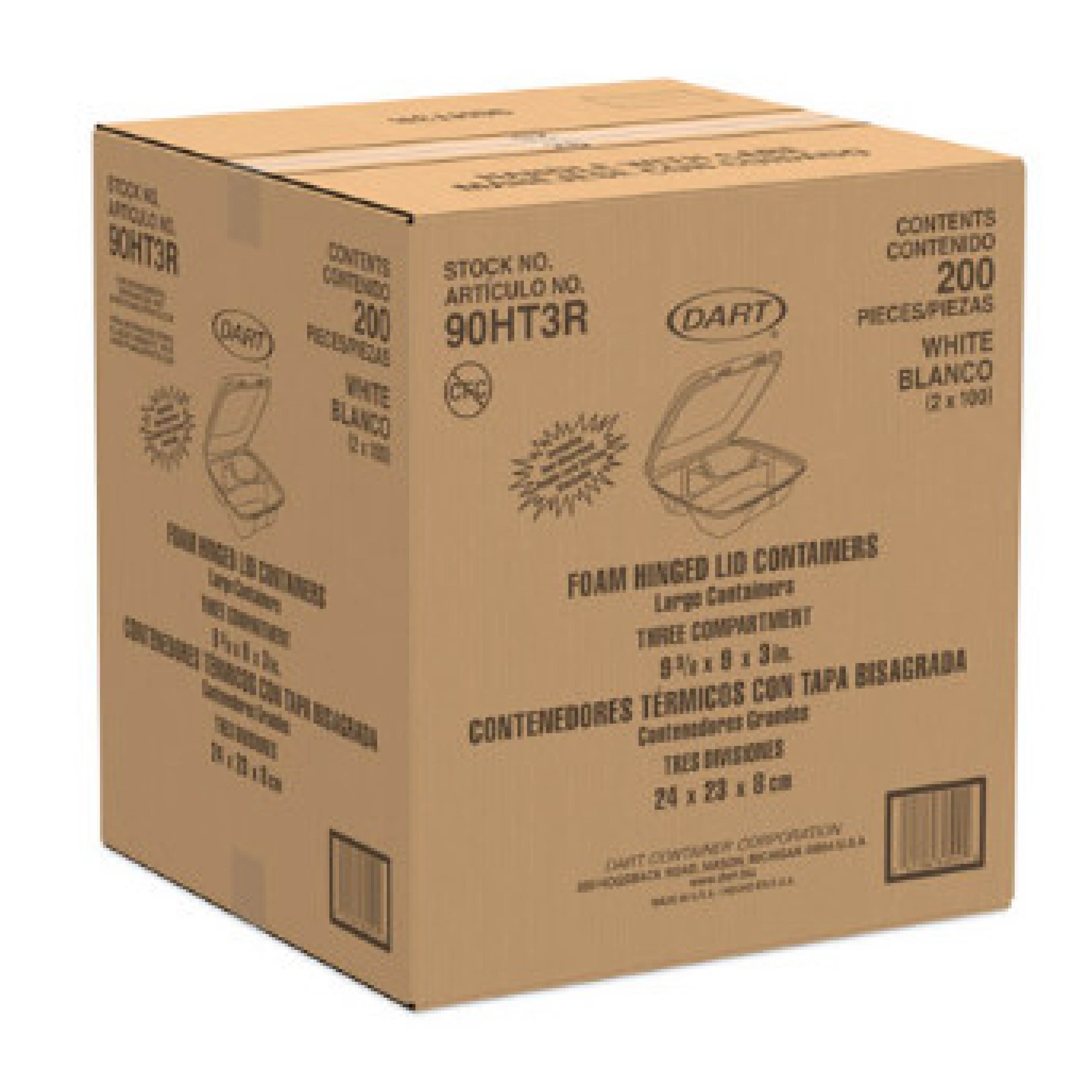 Dart DCC90HT3R Foam Hinged Lid Container, 3-Compartment, 9 x 9.4 x 3, White, 200/Carton