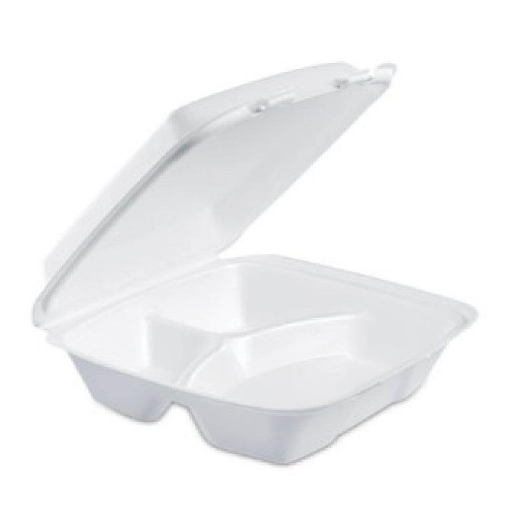 Dart DCC90HT3R Foam Hinged Lid Container, 3-Compartment, 9 x 9.4 x 3, White, 200/Carton