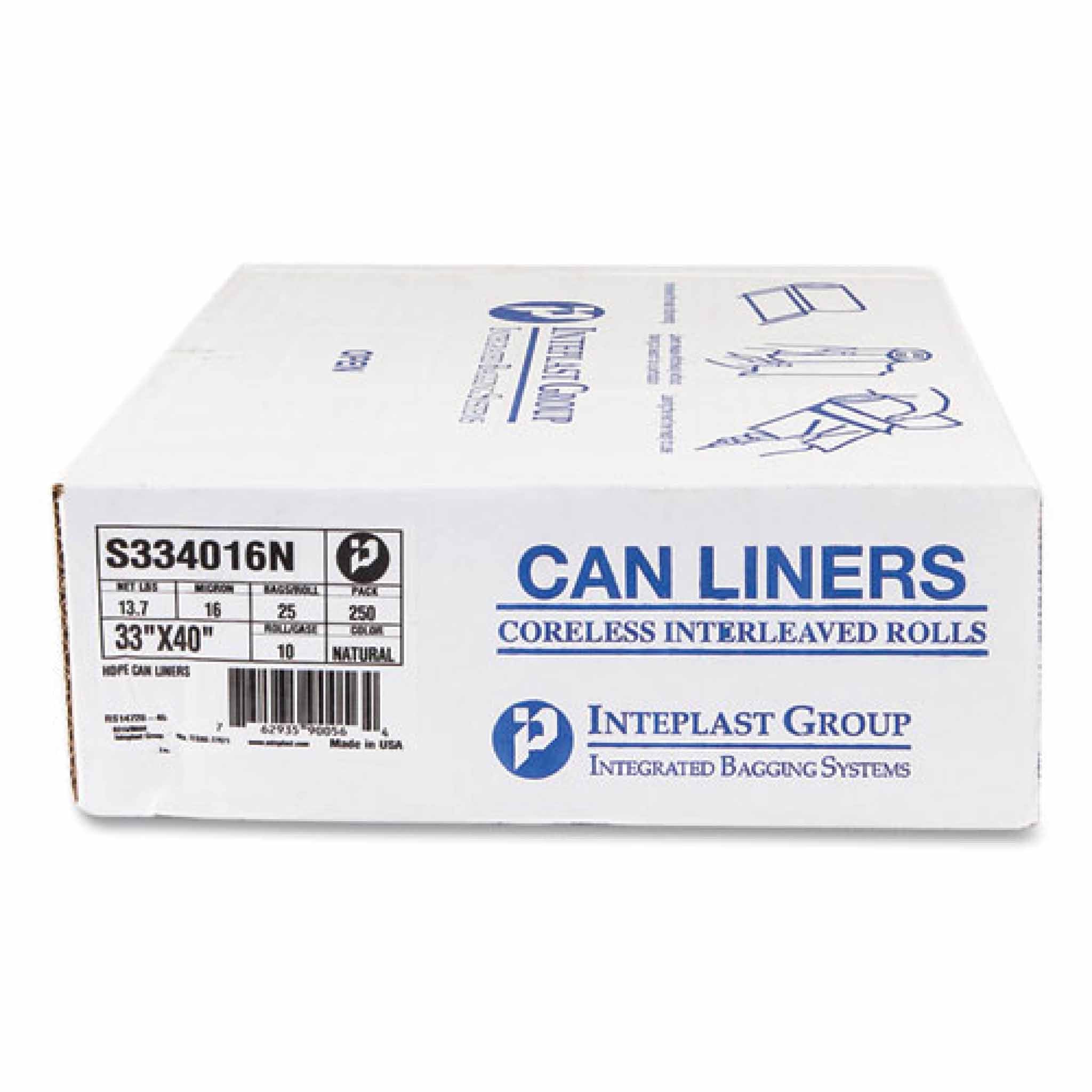 Interplast Group High-Density Commercial Can Liners, 33 gal, 16 mic, 33" x 40", Clear, Interleaved Roll, 25 Bags/Roll, 10 Rolls/Carton