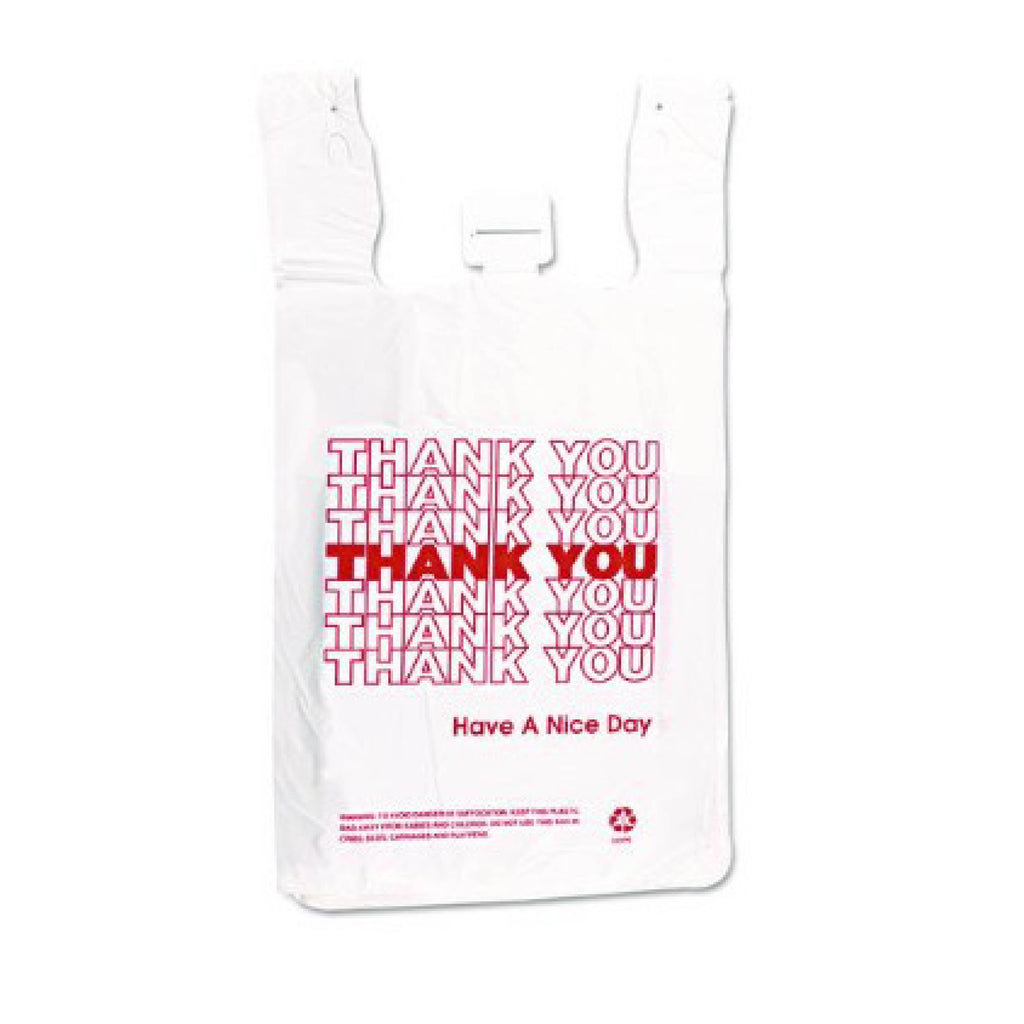 IBS IBSTHW2VAL HDPE T-Shirt Bags, "Thank You - Have a Nice Day" Labeling, Cut-Out Handles, 12" x 7" x 23", White/Red, 500/Carton