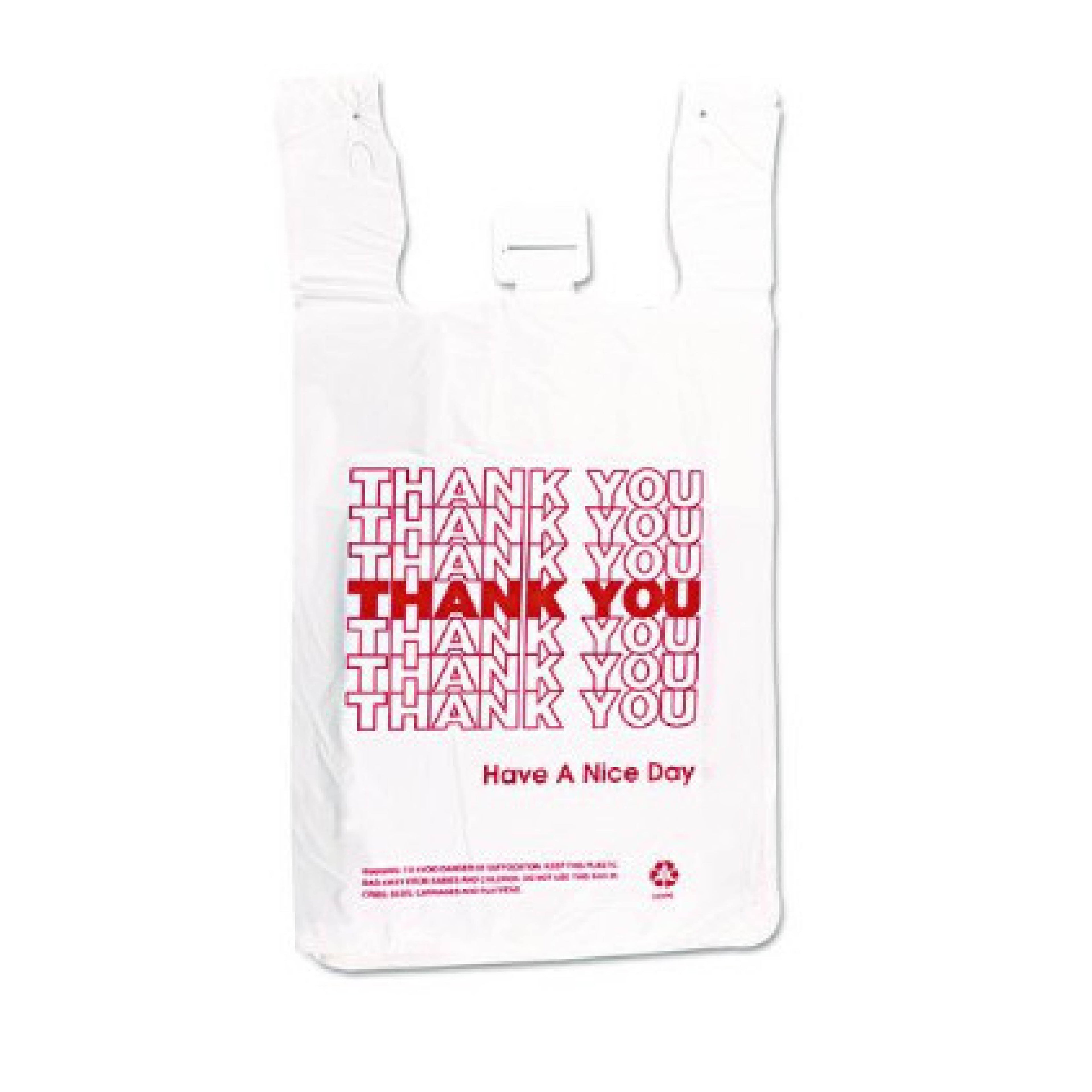 IBS IBSTHW2VAL HDPE T-Shirt Bags, "Thank You - Have a Nice Day" Labeling, Cut-Out Handles, 12" x 7" x 23", White/Red, 500/Carton