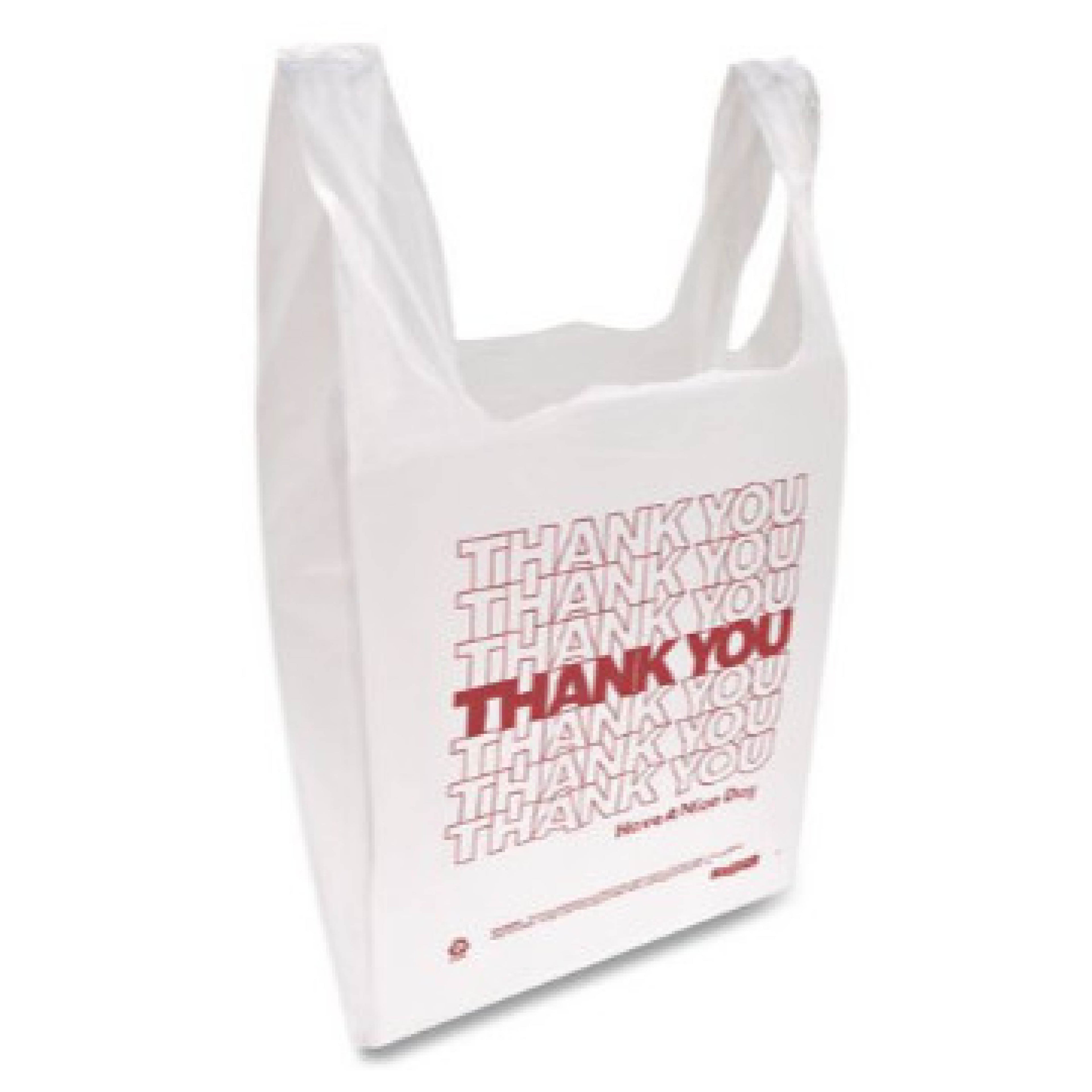 IBS IBSTHW2VAL HDPE T-Shirt Bags, "Thank You - Have a Nice Day" Labeling, Cut-Out Handles, 12" x 7" x 23", White/Red, 500/Carton