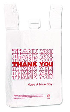IBS IBSTHW2VAL HDPE T-Shirt Bags, "Thank You - Have a Nice Day" Labeling, Cut-Out Handles, 12" x 7" x 23", White/Red, 500/Carton