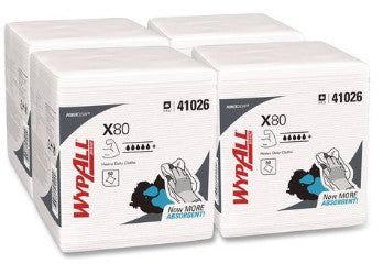 WypAll KCC41026 Power Clean X80 Heavy Duty Cloths, 1/4 Fold, 12.5" x 12", White, 50/Box, 4 Boxes/Carton