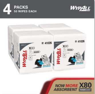 WypAll KCC41026 Power Clean X80 Heavy Duty Cloths, 1/4 Fold, 12.5" x 12", White, 50/Box, 4 Boxes/Carton