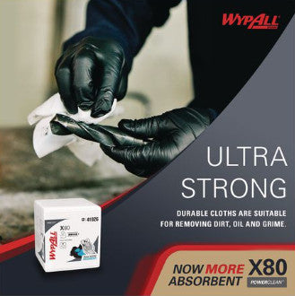 WypAll KCC41026 Power Clean X80 Heavy Duty Cloths, 1/4 Fold, 12.5" x 12", White, 50/Box, 4 Boxes/Carton