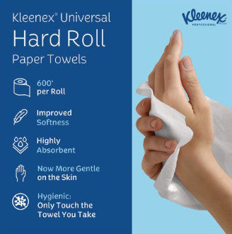 Kleenex KCC50606 Universal Hard Roll Paper Towels with Premium Absorbency Pockets, 1-Ply, 8" x 600 ft, 1.75" Core, White, 6 Rolls/Carton