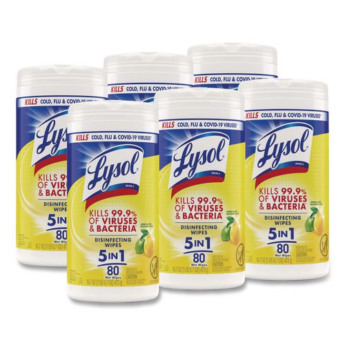 Lysol Disinfecting Wipes, 1 Ply, 7 x 7.25, Lemon and Lime Blossom, White, 80 Wipes/Canister, 6 Canisters/Carton