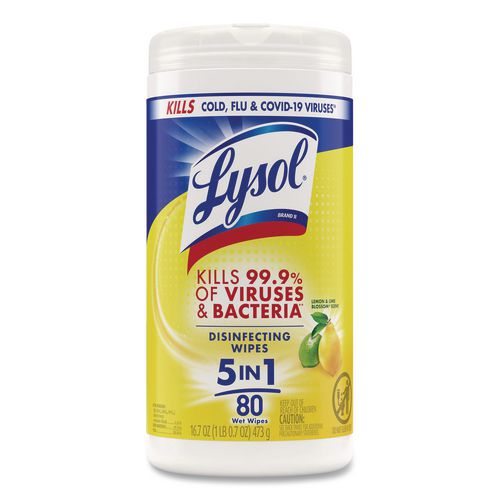 Lysol Disinfecting Wipes, 1 Ply, 7 x 7.25, Lemon and Lime Blossom, White, 80 Wipes/Canister, 6 Canisters/Carton