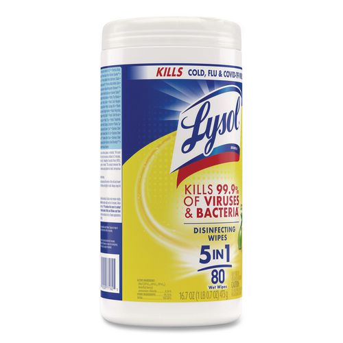 Lysol Disinfecting Wipes, 1 Ply, 7 x 7.25, Lemon and Lime Blossom, White, 80 Wipes/Canister, 6 Canisters/Carton