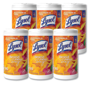 Lysol RAC97181 Disinfecting Wipes, 1-Ply, 7" x 7.25", Mango and Hibiscus, White, 80 Wipes/Canister, 6 Canisters/Carton