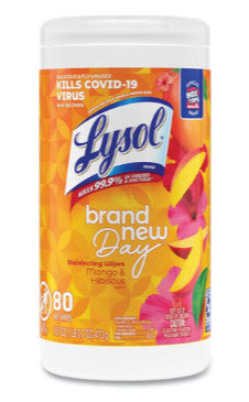 Lysol RAC97181 Disinfecting Wipes, 1-Ply, 7" x 7.25", Mango and Hibiscus, White, 80 Wipes/Canister, 6 Canisters/Carton