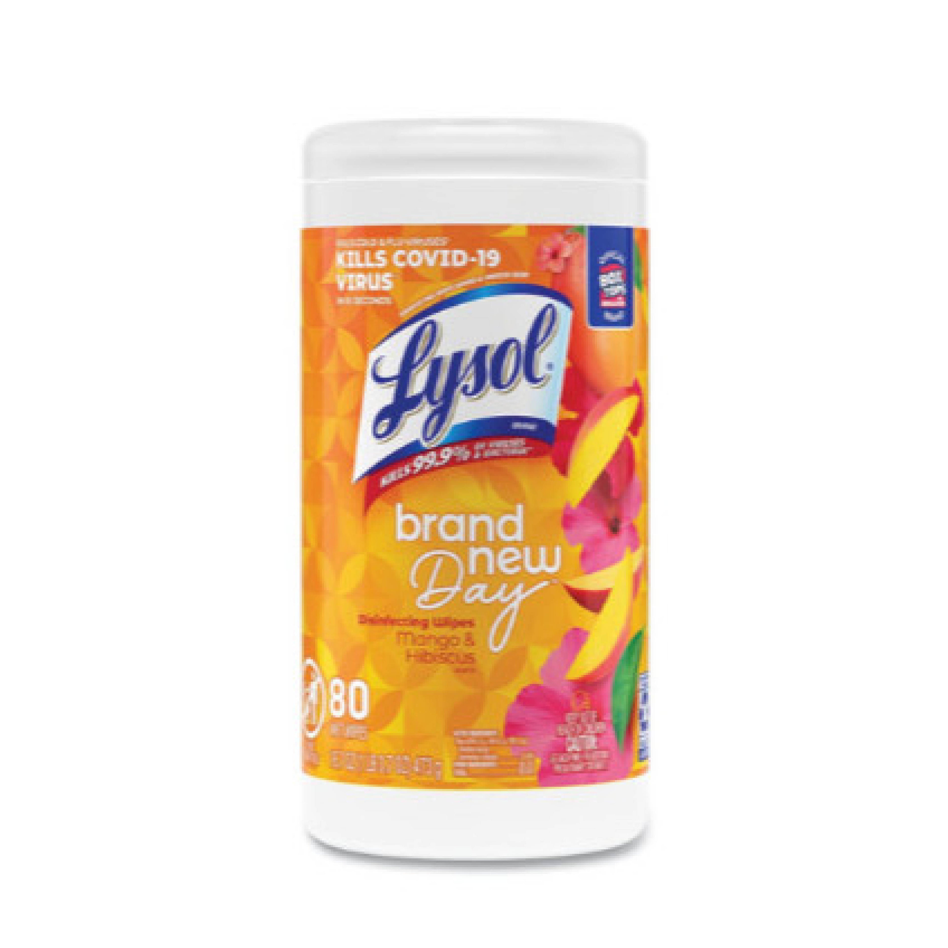 Lysol RAC97181 Disinfecting Wipes, 1-Ply, 7" x 7.25", Mango and Hibiscus, White, 80 Wipes/Canister, 6 Canisters/Carton