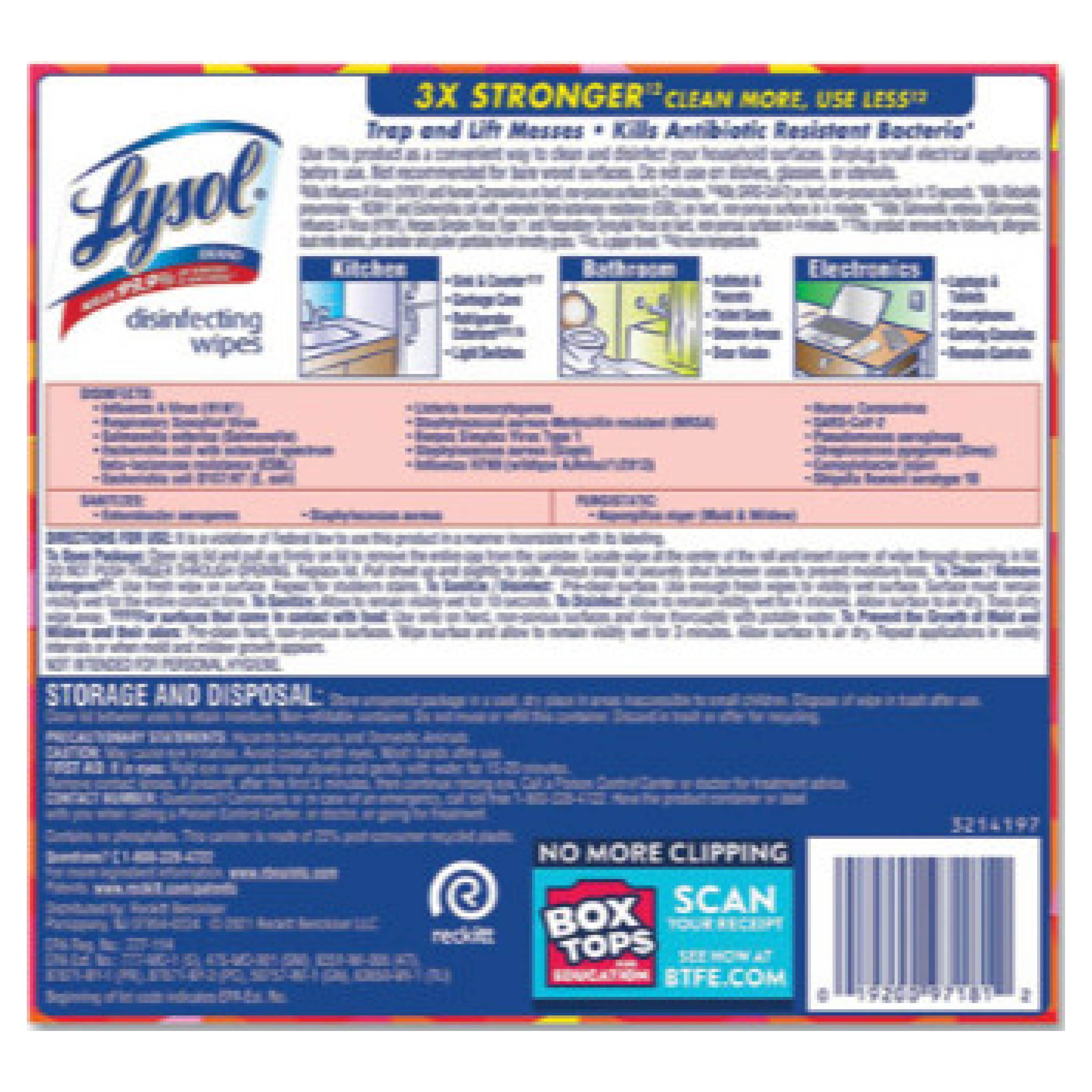 Lysol RAC97181 Disinfecting Wipes, 1-Ply, 7" x 7.25", Mango and Hibiscus, White, 80 Wipes/Canister, 6 Canisters/Carton