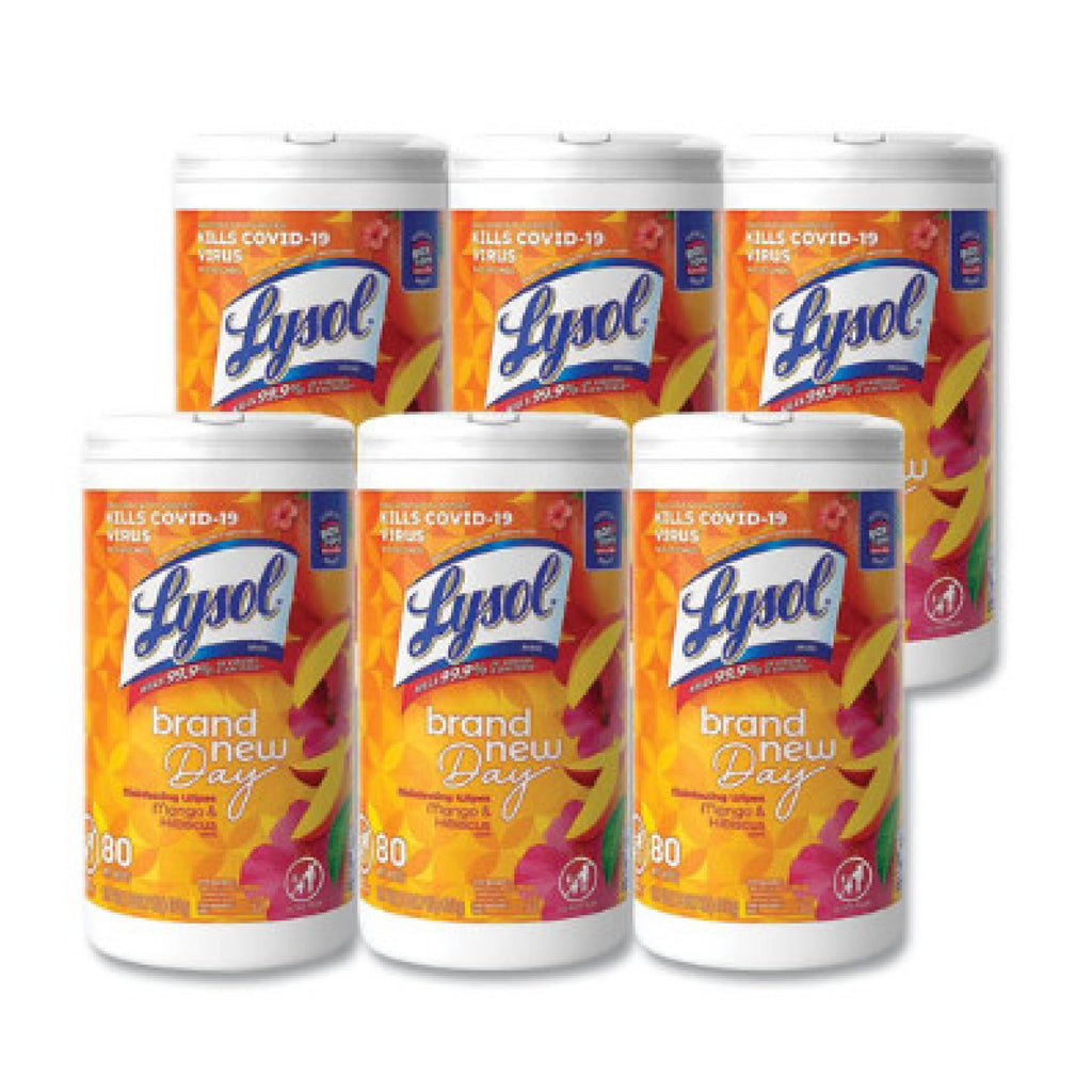 Lysol RAC97181 Disinfecting Wipes, 1-Ply, 7" x 7.25", Mango and Hibiscus, White, 80 Wipes/Canister, 6 Canisters/Carton