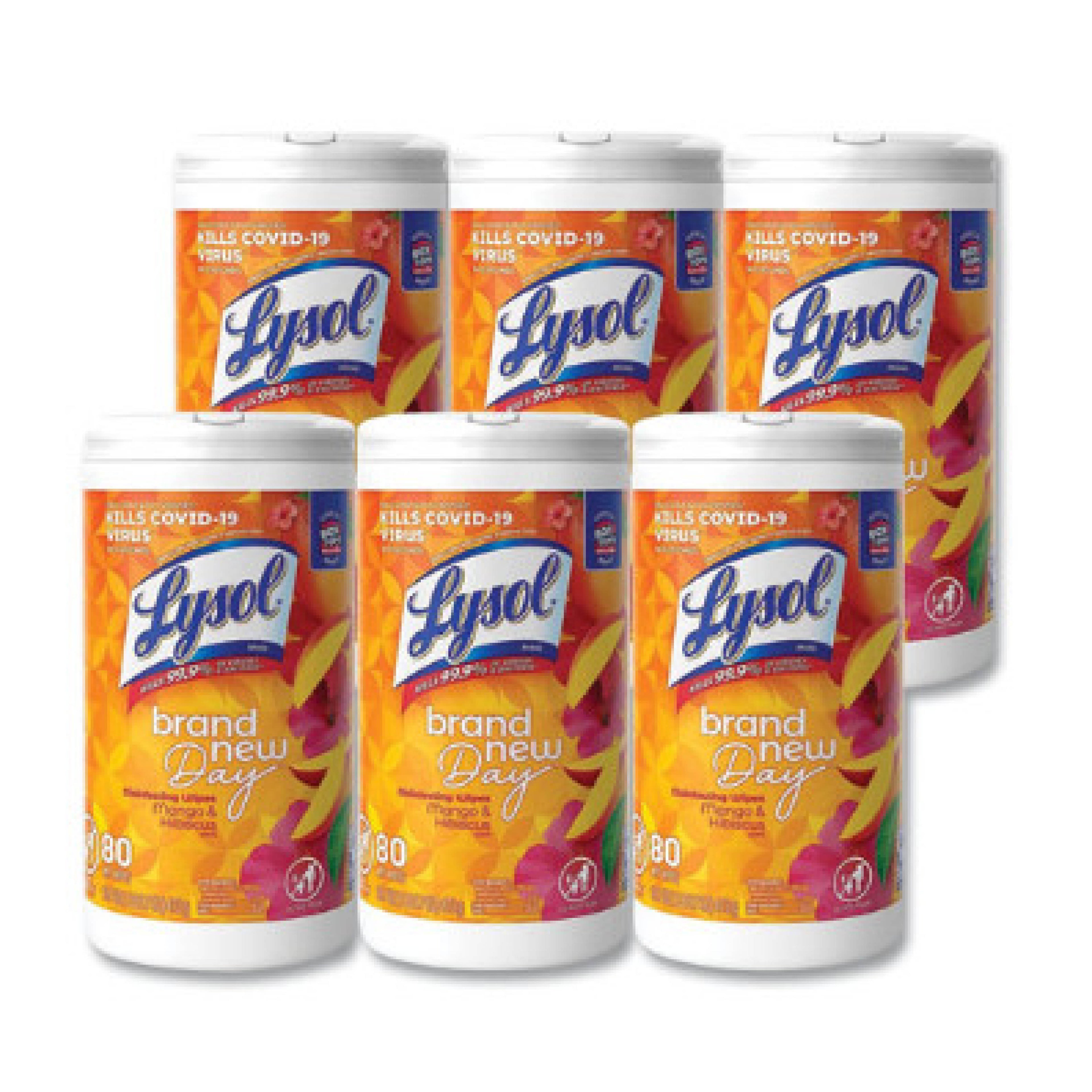 Lysol RAC97181 Disinfecting Wipes, 1-Ply, 7" x 7.25", Mango and Hibiscus, White, 80 Wipes/Canister, 6 Canisters/Carton