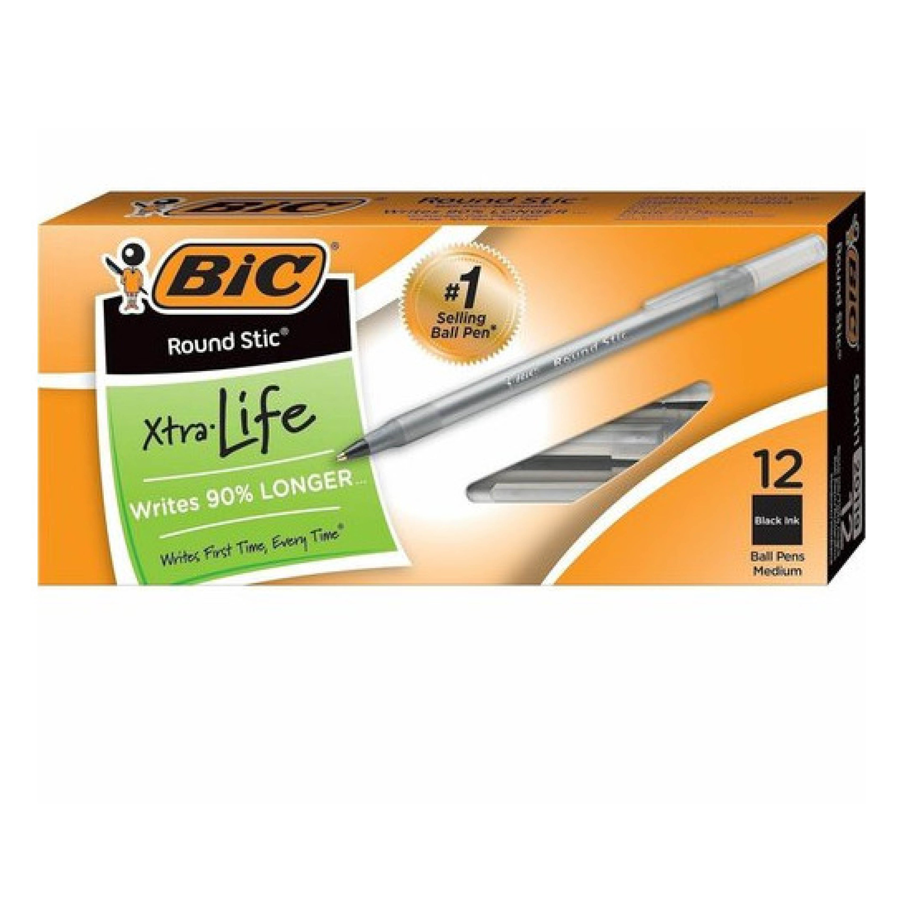 BIC Round Stic Ballpoint Pens, Medium Point, 1.0 mm, Translucent Barrel, Black Ink, Pack Of 12