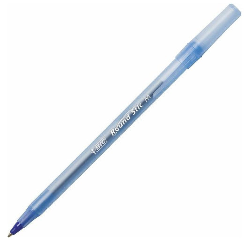 BIC Round Stic Ballpoint Pens, Medium Point, 1.0 mm, Translucent Barrel, Blue Ink, Pack Of 12