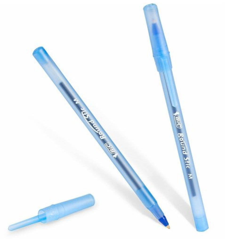 BIC Round Stic Ballpoint Pens, Medium Point, 1.0 mm, Translucent Barrel, Blue Ink, Pack Of 12