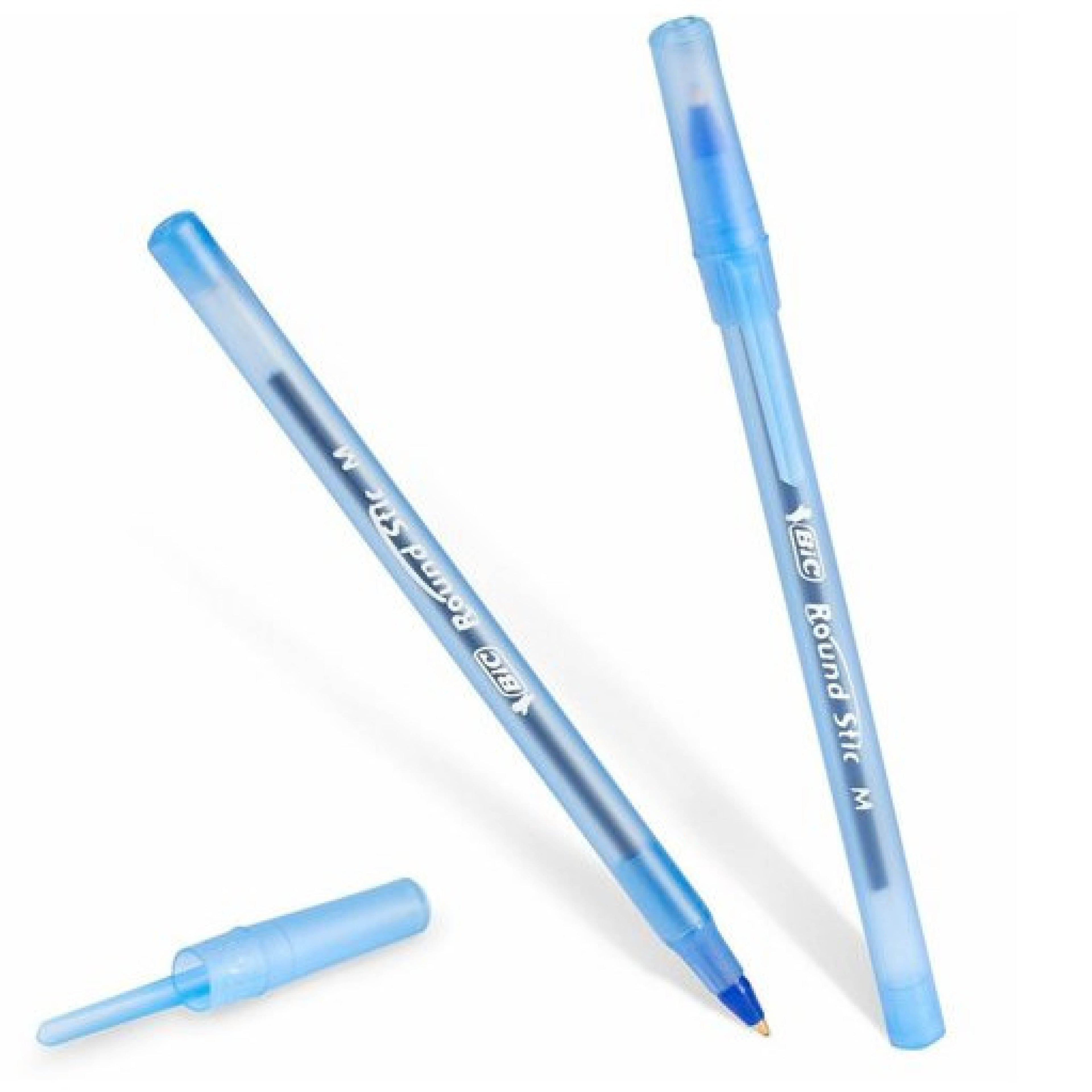 BIC Round Stic Ballpoint Pens, Medium Point, 1.0 mm, Translucent Barrel, Blue Ink, Pack Of 12