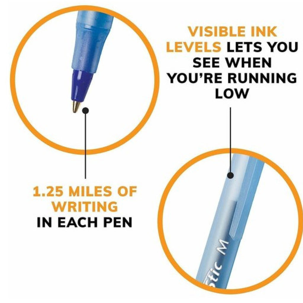 BIC Round Stic Ballpoint Pens, Medium Point, 1.0 mm, Translucent Barrel, Blue Ink, Pack Of 12