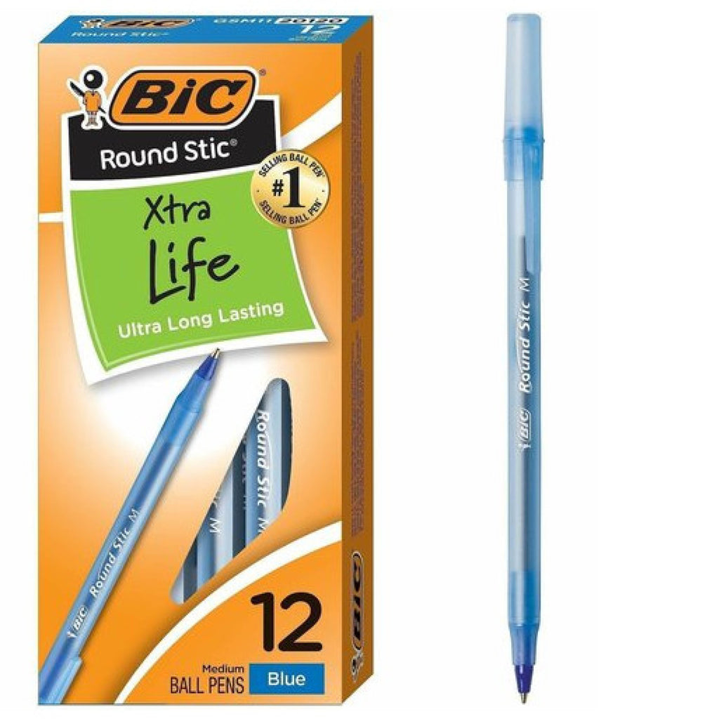 BIC Round Stic Ballpoint Pens, Medium Point, 1.0 mm, Translucent Barrel, Blue Ink, Pack Of 12