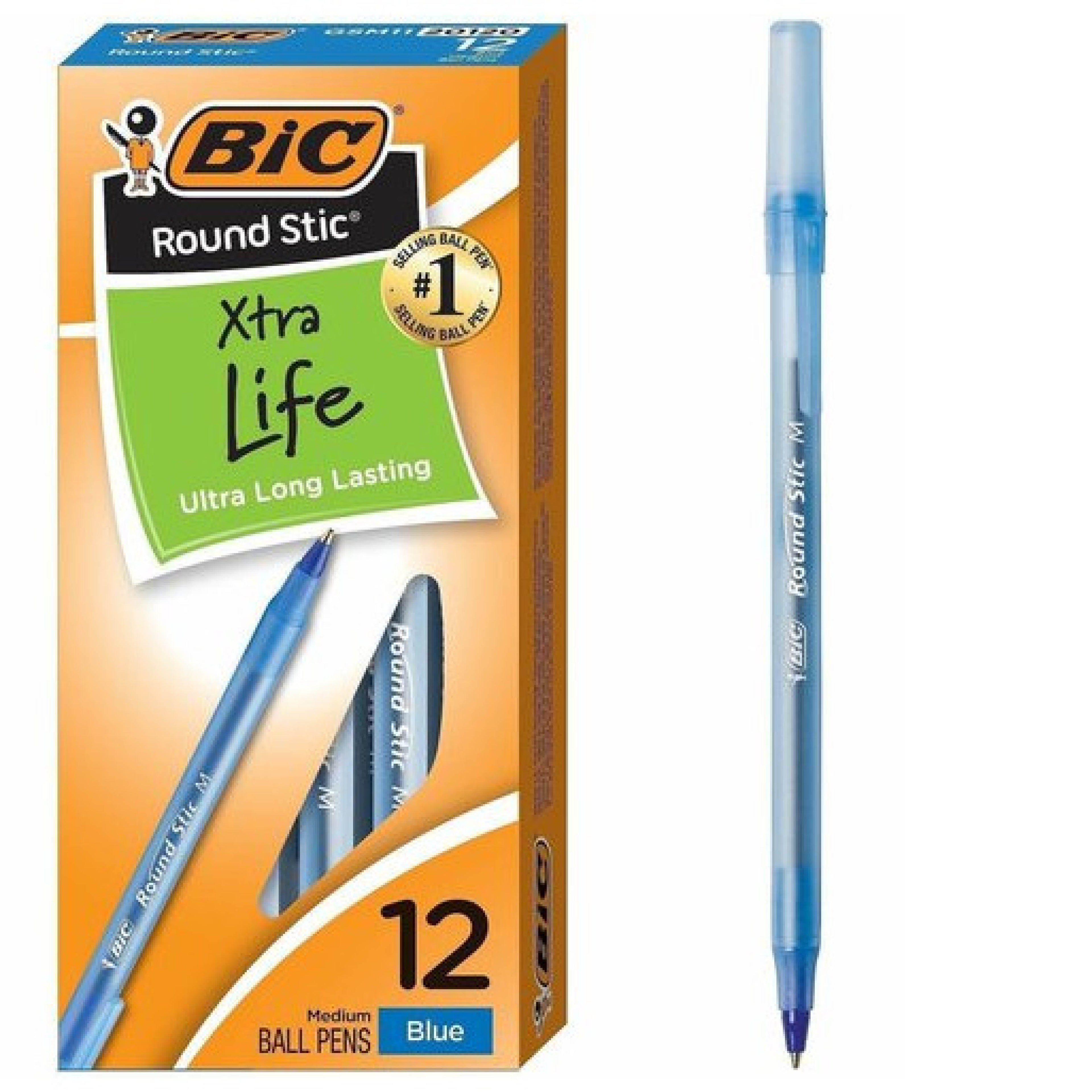 BIC Round Stic Ballpoint Pens, Medium Point, 1.0 mm, Translucent Barrel, Blue Ink, Pack Of 12