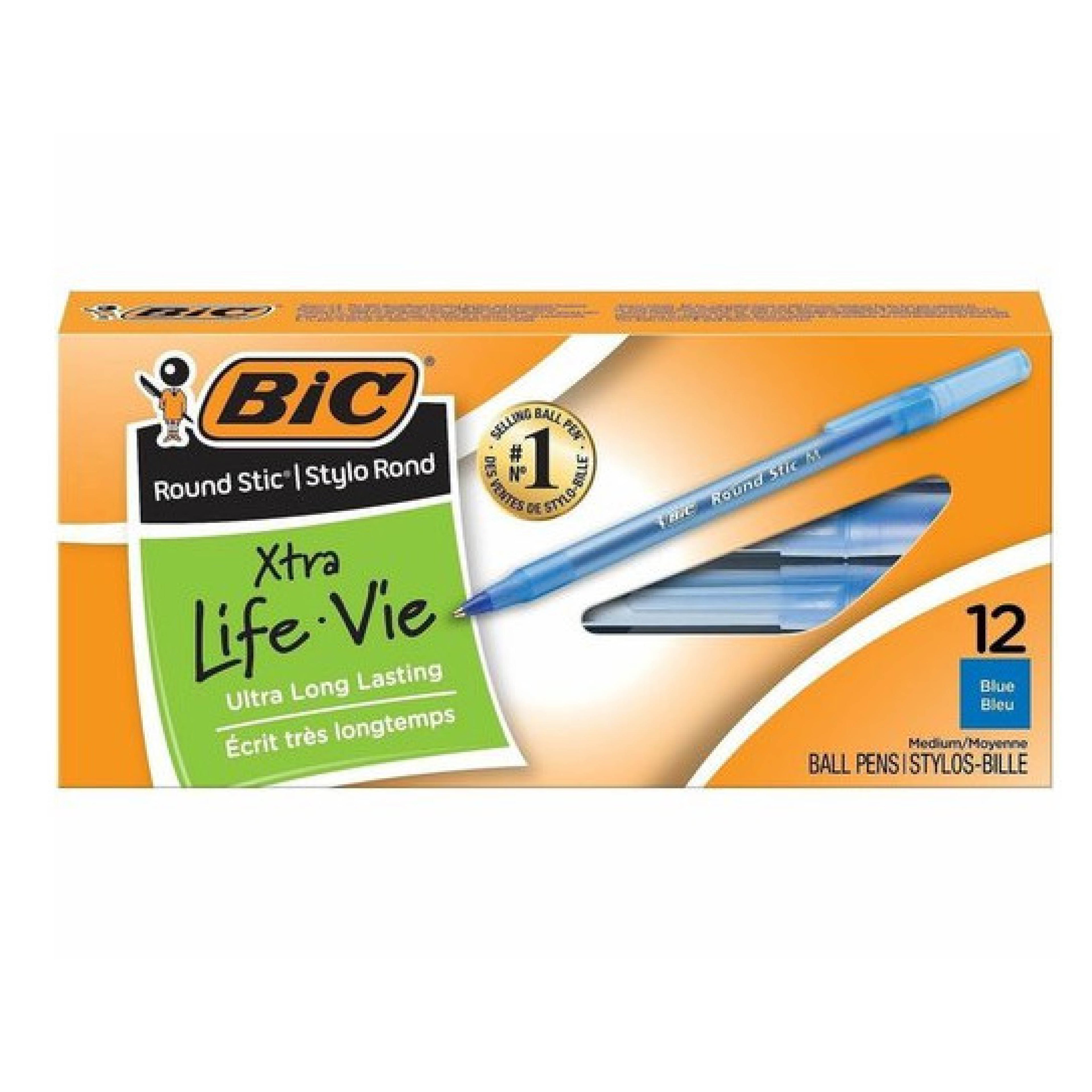 BIC Round Stic Ballpoint Pens, Medium Point, 1.0 mm, Translucent Barrel, Blue Ink, Pack Of 12