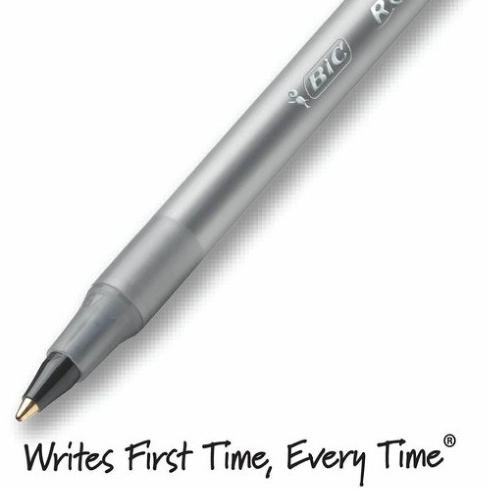 BIC Round Stic Ballpoint Pens, Medium Point, 1.0 mm, Translucent Barrel, Black Ink, Pack Of 12