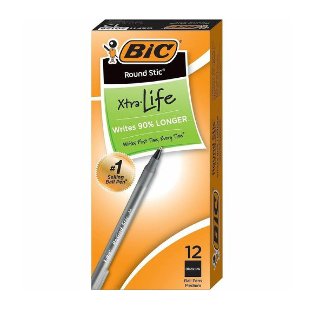 BIC Round Stic Ballpoint Pens, Medium Point, 1.0 mm, Translucent Barrel, Black Ink, Pack Of 12